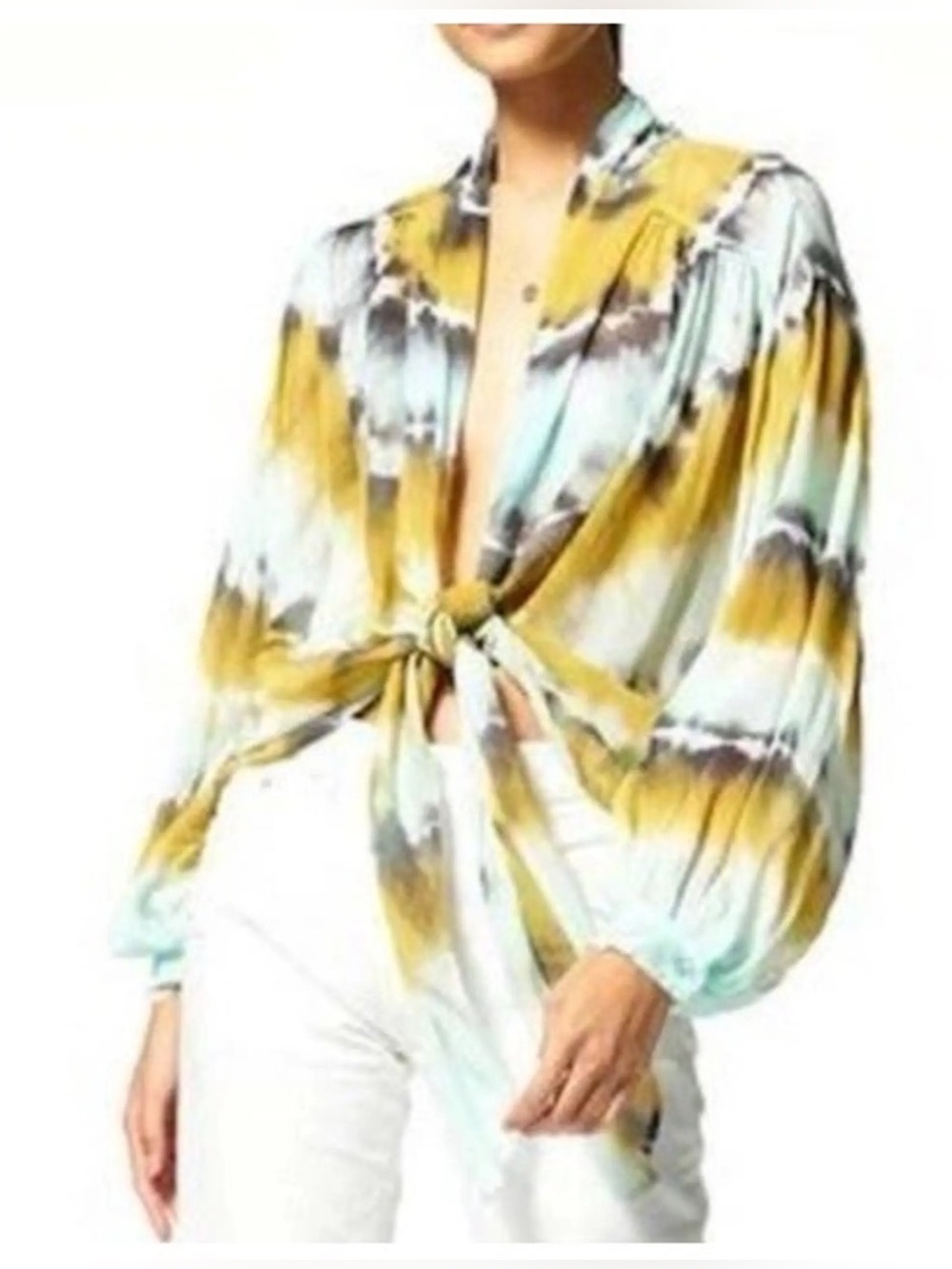 Young fabulous & broke Tie-Front Tie-Dye Blouse Yellow blue wrap vibrant unique